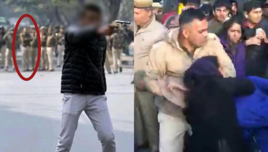 A policeman standing with his arms folded while the armed man fires (left). Police personnel can be seen manhandling a protester (right).