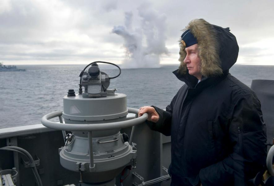 Russian President Vladimir Putin watches Black Sea navy exercise from Marshal Ustinov missile cruiser, Jan. 9, 2020.