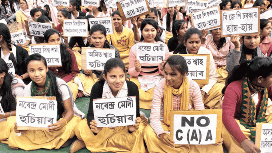 Students stage a protest against the citizenship act in Mangaldoi on Monday.