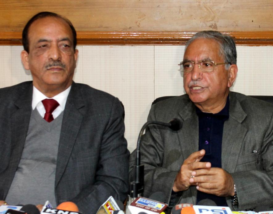 Former Ministers Dilawar Mir & G H Mir addressing a joint press conference at Jammu on Thursday