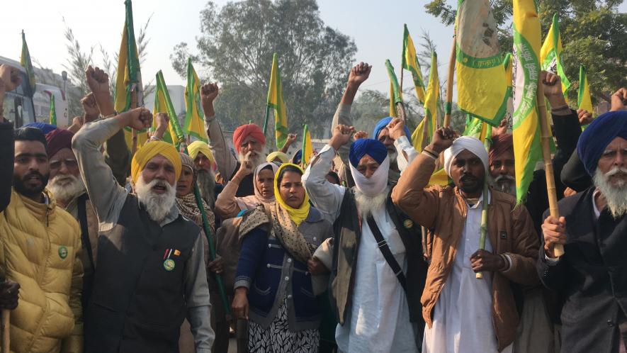 Farmers from Punjab chanting slogans during their house arrest in a gurudwara ahead of their visit to Shaheen Bagh last week.