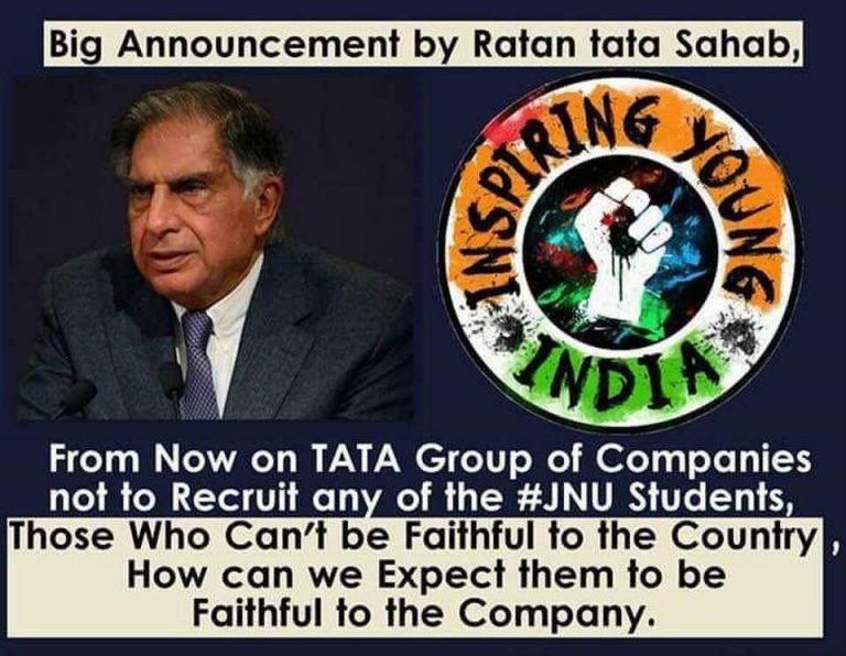 No, Ratan Tata has not Announced that JNU Students Will Not be Recruited by Tata Group