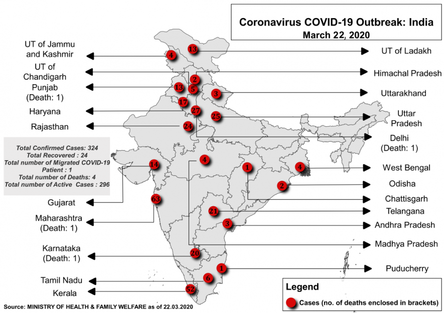 India Map of Covid-19 outbreak March 22