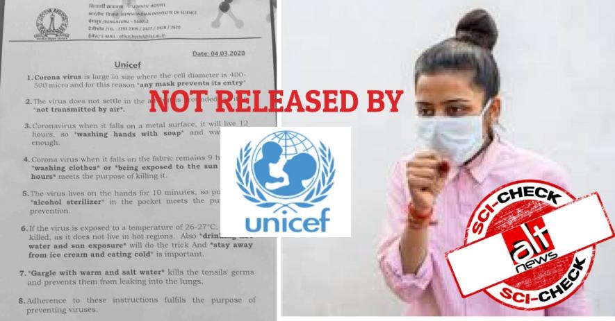 Sci-check: Coronavirus advisory falsely attributed to UNICEF viral on social media