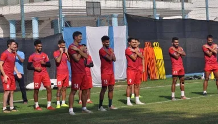 ATK players train ahead of an ISL football match