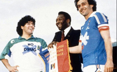 Diego Maradona, Pele, Michel Platini with Say No to Drugs in Football jerseys