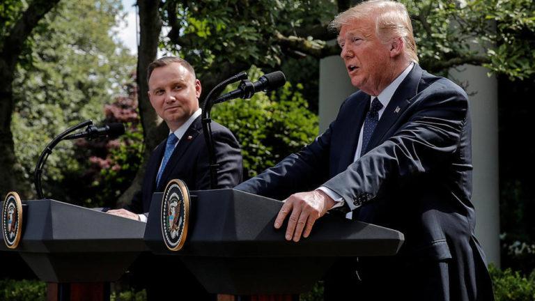 US President Donald Trump (R) & Polish President Andrzej Duda (L) at a press conference, White House, Washington, June 24, 2020