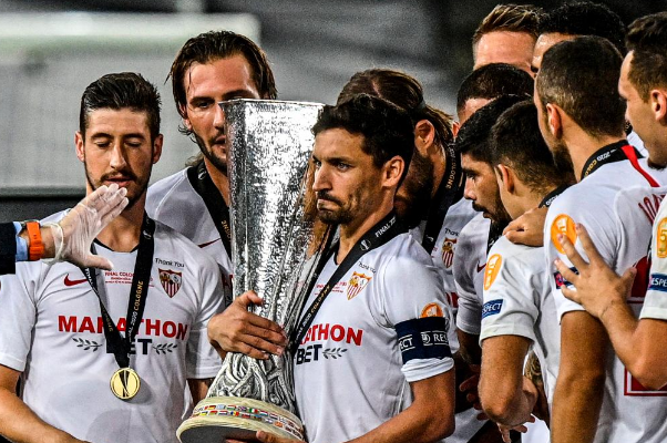 Jesus Navas and Sevilla teammates lift Europa League trophy