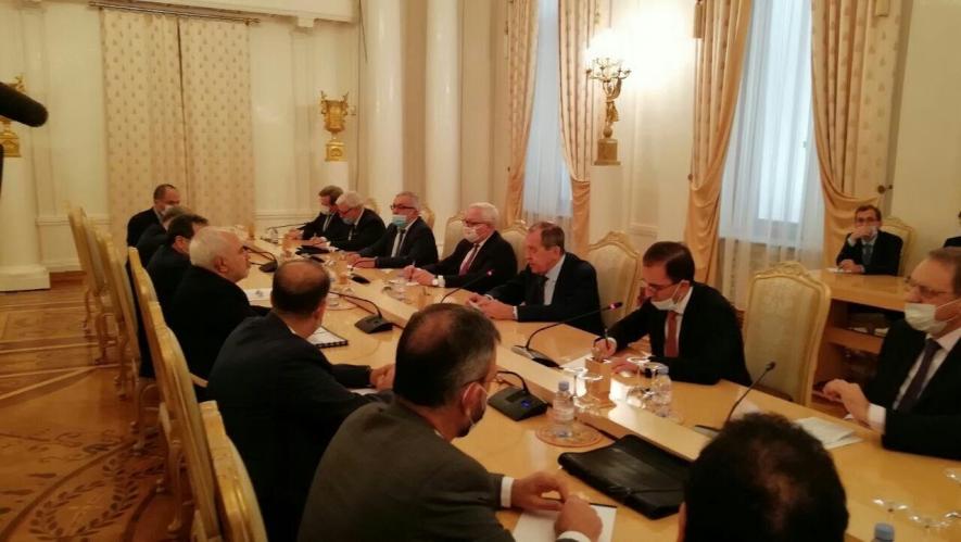 Iran’s Foreign Minister Javad Zarif and delegation (L) with Russian Foreign Minister Sergey Lavrov, Moscow, Sept 24, 2020