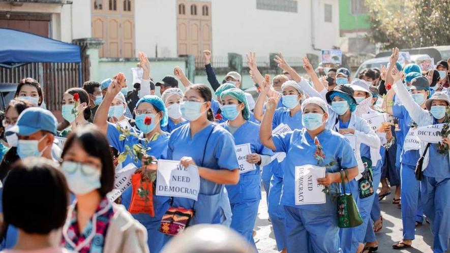 Following the military coup in Myanmar on February 1, vast sectors of society, including healthcare workers, have taken to the streets to protest and demand a return to civilian rule. Photo: Twitter