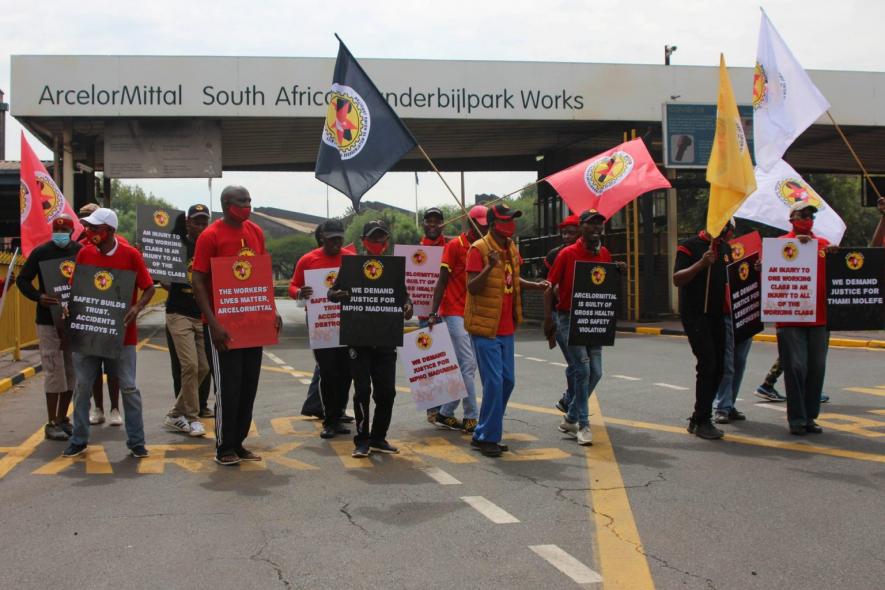 24 February 2021: Numsa members demonstrate outside ArcelorMittal’s plant in Vanderbijlpark after three of their colleagues died when a stack collapsed on the room they were in.