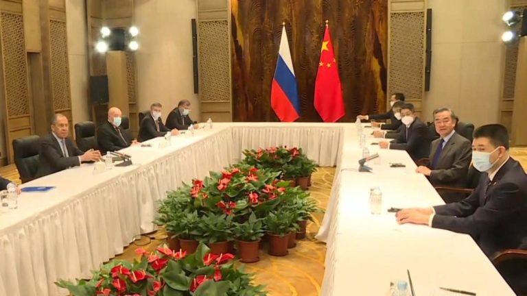 State Councilor & Foreign Minister Wang Yi (second from right) and Russian FM Sergey Lavrov (L) held talks in Guilin, March 23, 2021