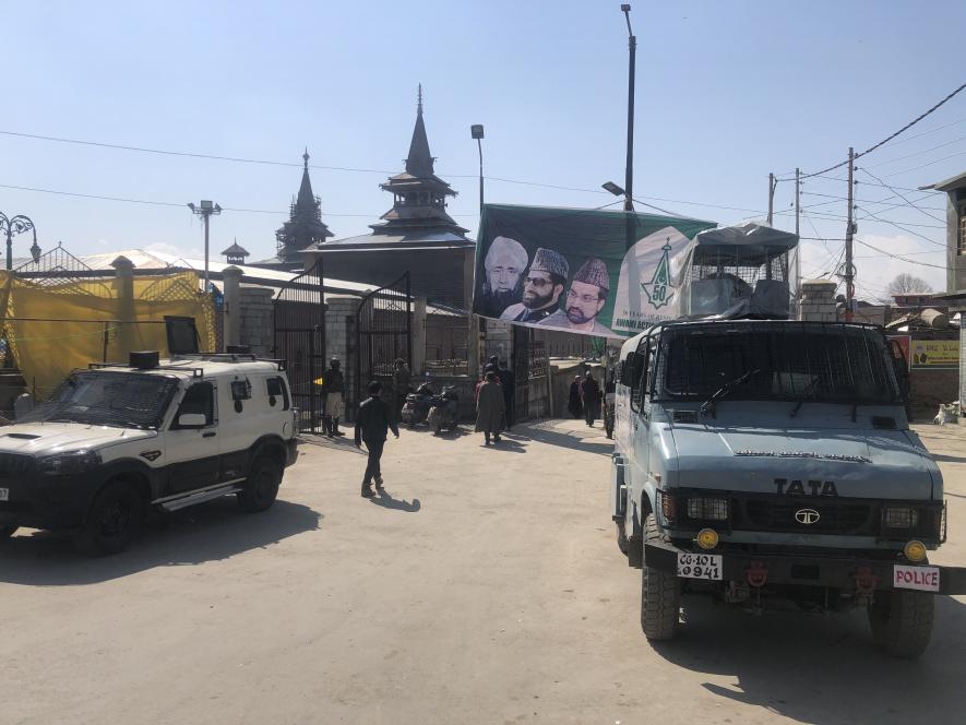 Forces deployed outside Jamia mosque in old city Srinagar on Friday 