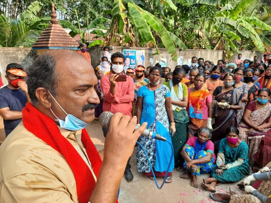 KN Balagopal addressing the gathering of cashew factory workers at Puthoor Thekkumpuram in Kottarakkara constituency