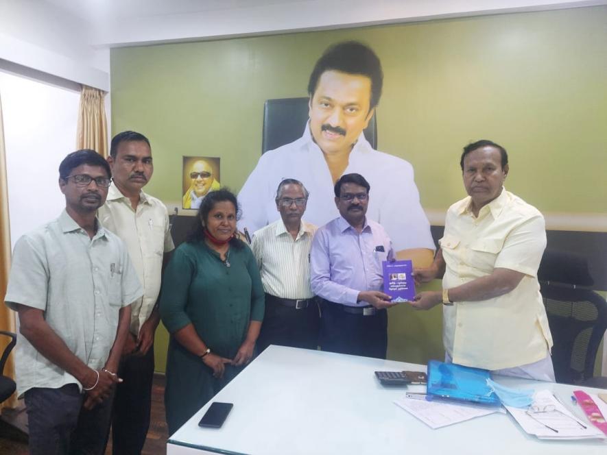 NDMJ activists submitting the manifesto to T R Baalu of DMK