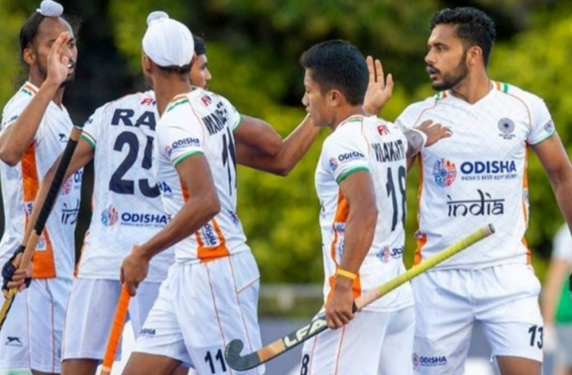 Indian players celebrate during FIH Pro League match vs Argentina