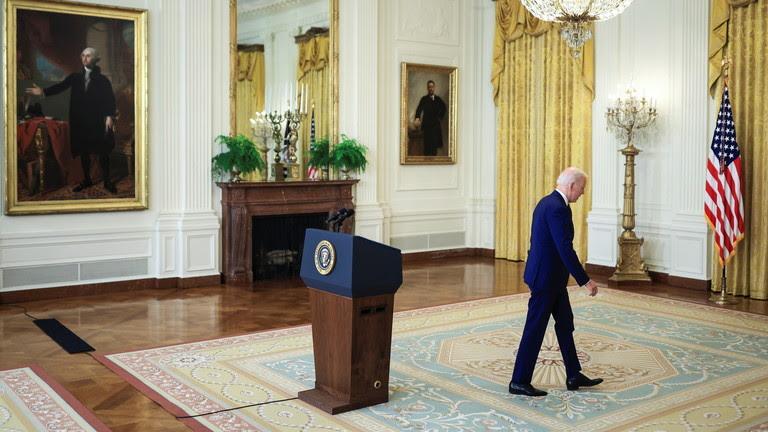 US President Joe Biden departs after delivering remarks on Russia in the East Room at White House, Washington, DC, April 15, 2021