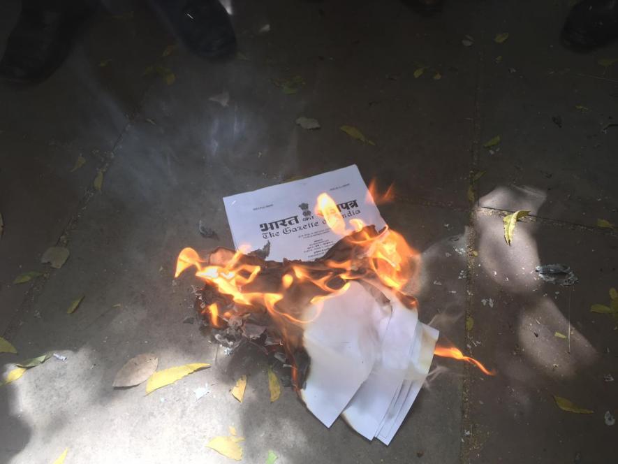 Copies of the four labour codes were burned across the country. Image clicked by Ronak Chhabra
