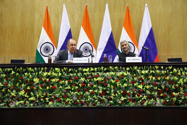 Russian Foreign Minister Sergey Lavrov (L) at press conference with  External Affairs Minister S. Jaishankar (R), Delhi, April 6, 2021