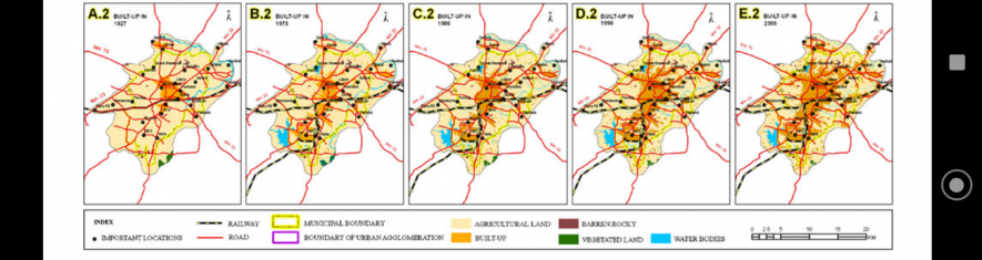 Graph 1: Orange lines show the areas of Ranchi built up after 1927.