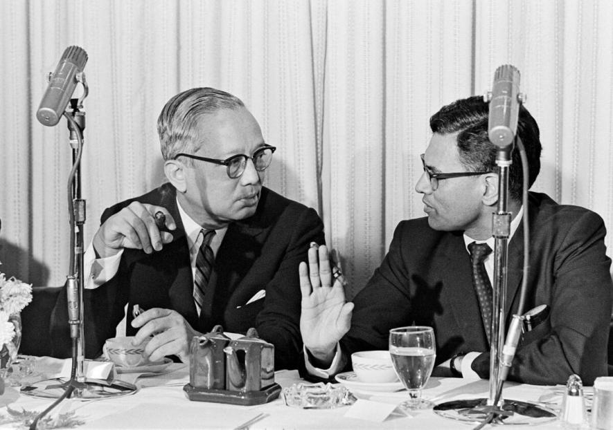 Secretary-General U Thant (left) conversing with Chakravarti Raghavan of the Press Trust of India, 1967