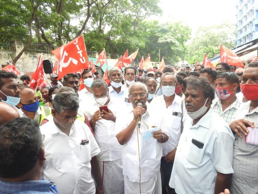 CITU Tamil Nadu president A Soundarrajan led the protest highlighting the plight of contract workers.