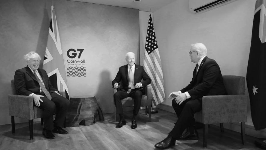 US President Joe Biden, UK PM Boris Johnson, and Australia's high commissioner to the UK George Brandis, had met during the G7 meeting in Cornwall in June. The AUKUS which was announced on September 15, was deemed "a forever partnership" by Brandis. Photo: George Brandis/ Twitter