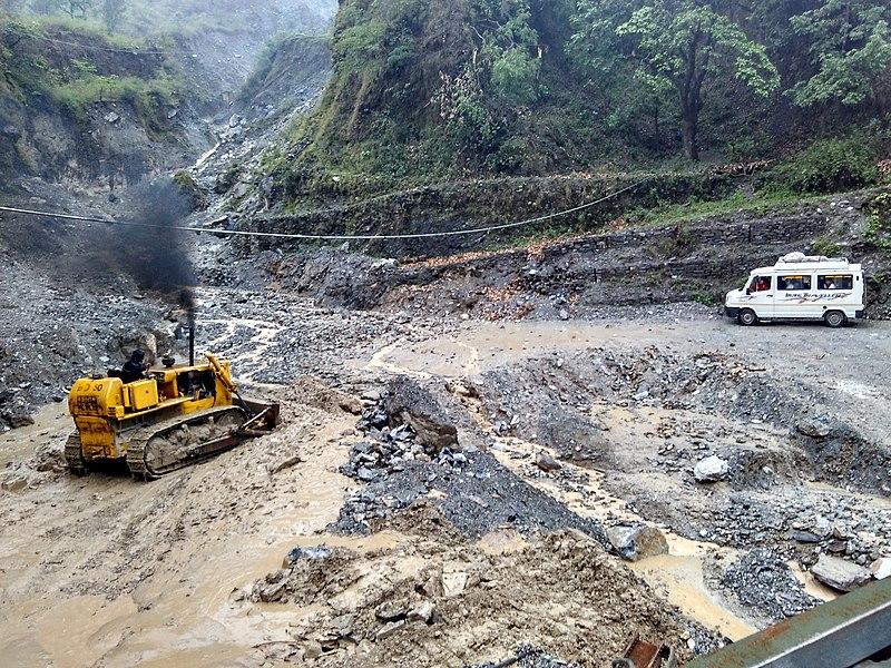 Road affected by flash flood, near Nachni, Pithoragarh District, Uttarakhand