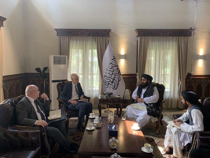 Sir Simon Gass, British Prime Minister’s representative on Afghanistan, seated second from left, with Taliban Foreign Minister Mullah Amir Khan Muttaqi, Kabul, October 5, 2021.