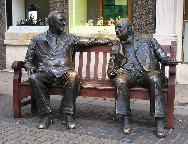 The Allies Sculpture: Life sized bronze statues of Franklin Roosevelt and Winston Churchill sitting on a bench in New Bond Street, London, reminding the world of the shared history of the two great powers.
