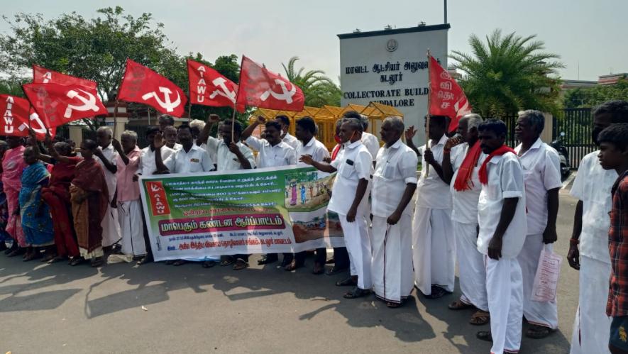 Workers demonstrate against the delay in wage payment in Cuddalore district.