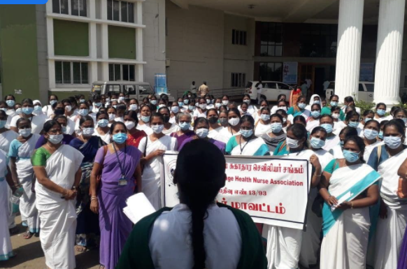 Village Health Nurses hold statewide protests against fixing targets for vaccination and demand regulation of working hours on Friday.