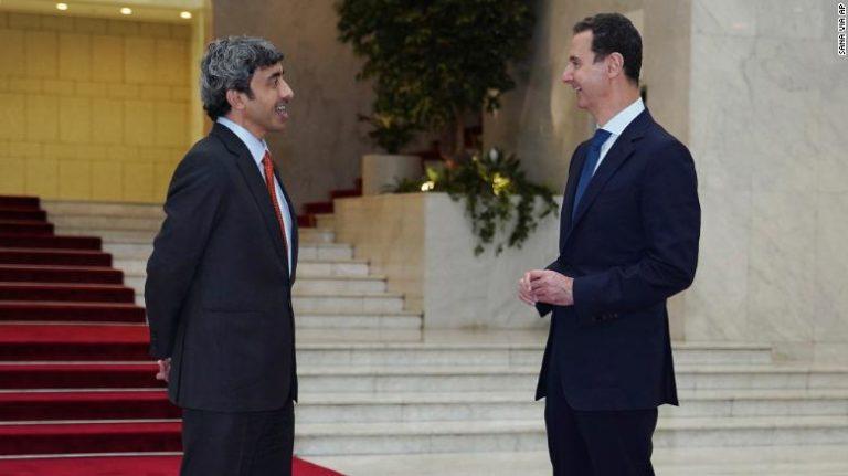 Syrian President Bashar Assad (R) speaks with Sheikh Abdullah bin Zayed Al Nahyan, UAE Foreign Minister, Damascus, Nov. 9, 2021.