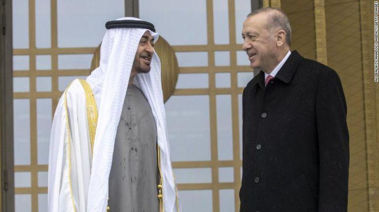 UAE Crown Prince Sheikh Mohamed Bin Zayed Al Nahyan (L) met with Turkish President Recep Erdogan in Ankara on Nov. 24, 2021