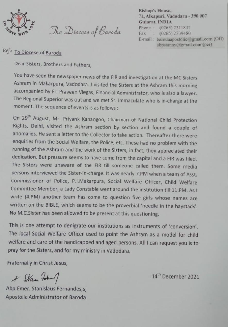 On August 29, National Commission for Protection of Child Rights (NCPCR) chairman Priyank Kanoongo, visited the Missionaries of Charity Ashram in Makarpura, Vadodara. He reportedly found a few ‘anomalies’ and wrote to the Collector to take action. Following this, the administration's social welfare department, local police etc. made enquiries and found no problems in the running of the institution. This information was shared in a letter written by Archbishop Emeritus Stanlius Fernandes, Apostolic Administr