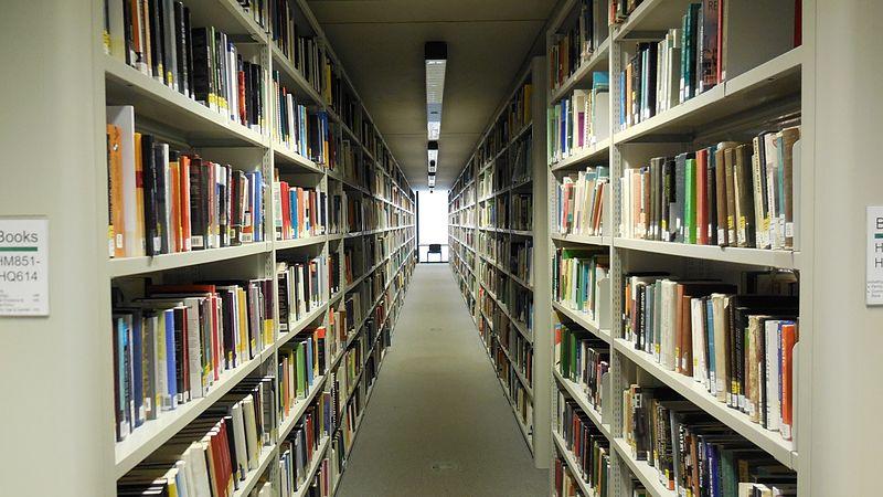 A view between two shelving aisles in the Bodleian Social Science Library