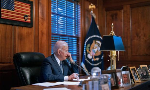 US president Joe Biden speaks on the phone to his Russian counterpart Vladimir Putin, Delaware, Dec. 30, 2021