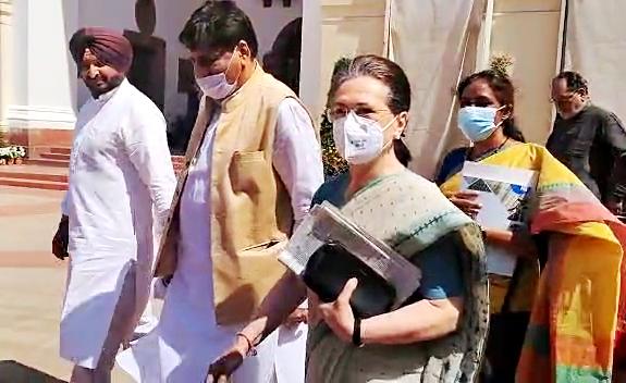 Congress Interim President Sonia Gandhi leaves after meeting MPs from Punjab