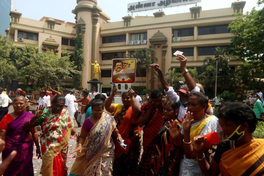 Chennai, Feb 22 (ANI): Dravida Munnetra Kazhagam (DMK) supporters raise slogan as they celebrate the party's victory in the Tamil Nadu Urban Local Body Elections, at the party headquarters, in Chennai