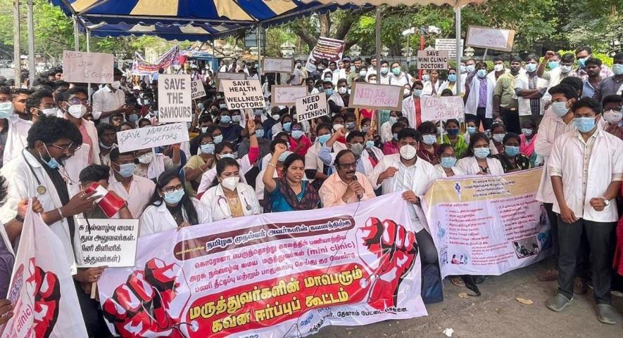 The doctors and staff of AMMA clinics held a protest on March 23 demanding extension of services and permanent jobs.