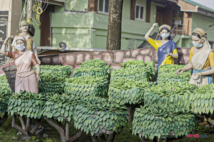 A portrayal of tea workers outside the Valparai Municipality office.