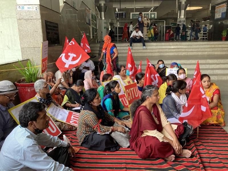 Terminated workers and helpers sat on a hunger strike outside WCD headquarters. Image credit: Ronak Chhabra