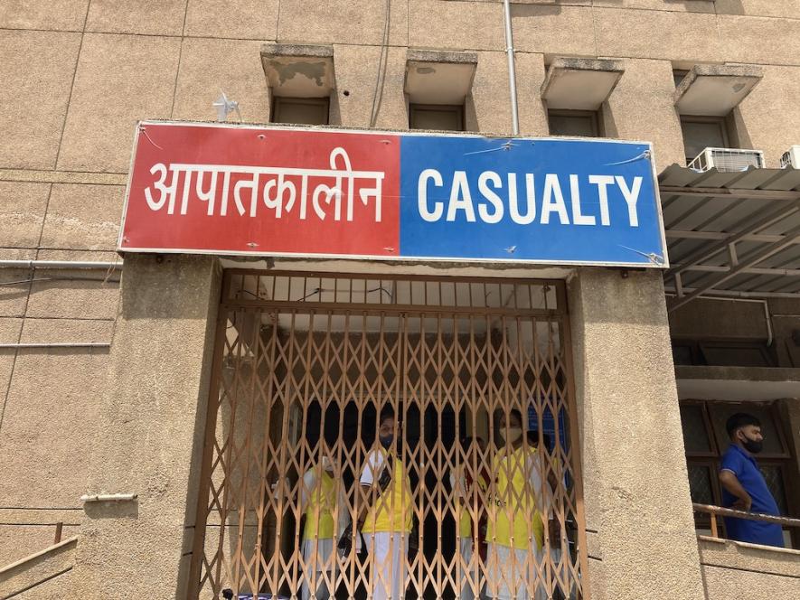 Delhi Civil Defence officers were present at the Sanjay Gandhi Memorial Hospital on Saturday afternoon. Image clicked by Ronak Chhabra
