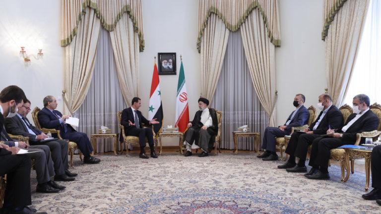 Iran’s president Ebrahim Raisi (right) in talks with visiting Syrian President Bashar al-Assad, Tehran, May 8, 2022