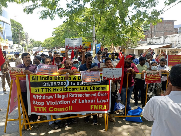 TTK Healthcare workers oppose retrenchment. Image credit: Ramesh Sundar