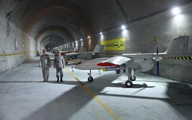 Iran’s Chief of the General Staff of Armed Forces Gen. Mohammad Hossein Bagheri (L) and Commander of the Army Gen. Abdolrahim Mousavi visiting an underground drone base in western Zagros Mountains, May 28, 2022