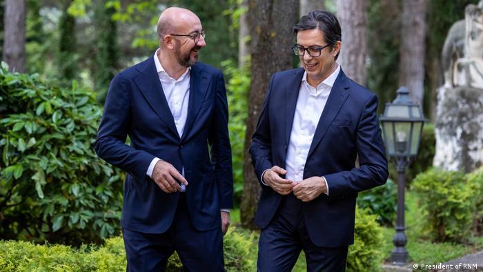 North Macedonia's President Stevo Pendarovski (right) spoke with Charles Michel, president of the EU Council, earlier in June