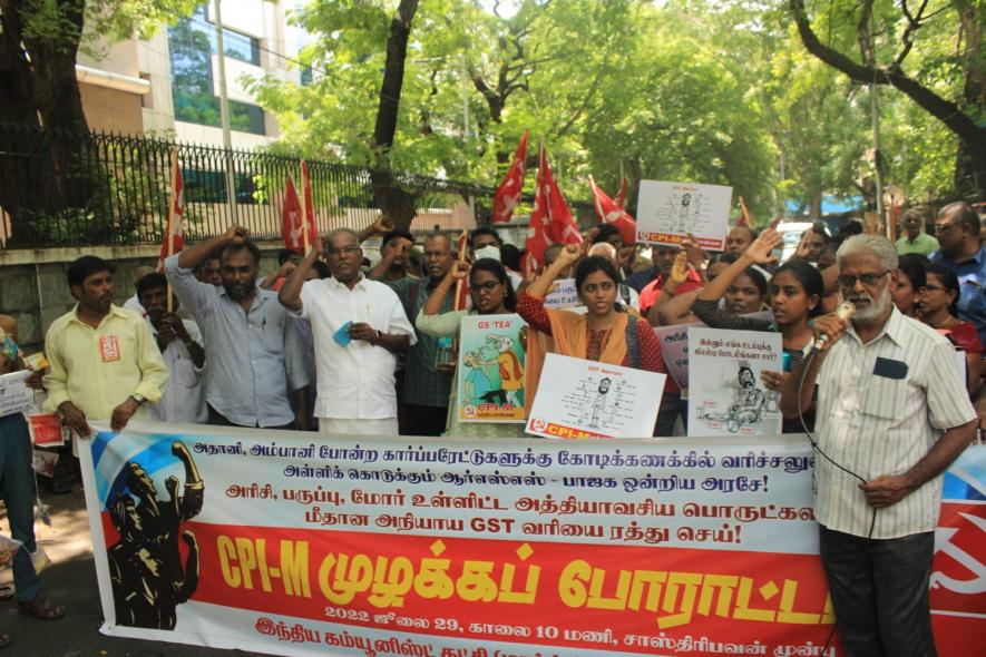 CPI(M) members protest GST on essential commodities in Chennai. Image courtesy: CPI(M).
