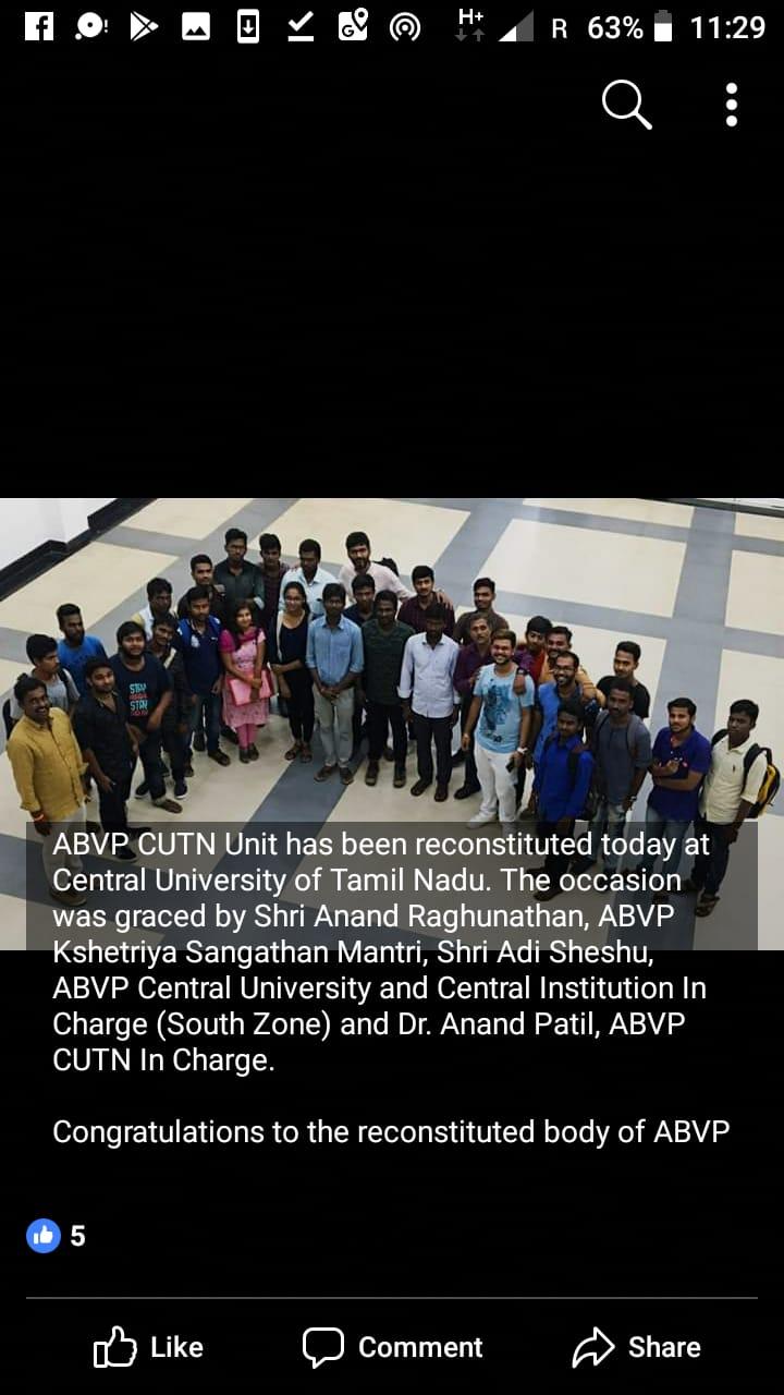 A social media post on the reconstitution of the ABVP CUTN unit in which Dr Anand Patil had participated.