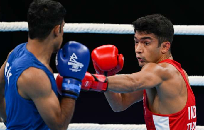 Shiva Thapa in action at the boxing arena at the Commonwealth Games